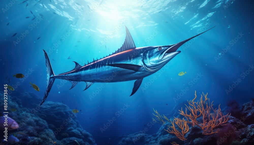 Fototapeta premium Giant Marlin fish in the ocean, beautiful view of marlin fish in the blue ocean