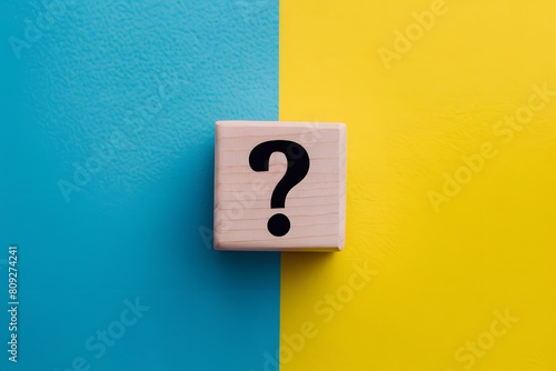 Colorful wooden block with printed question mark on split blue and yellow background