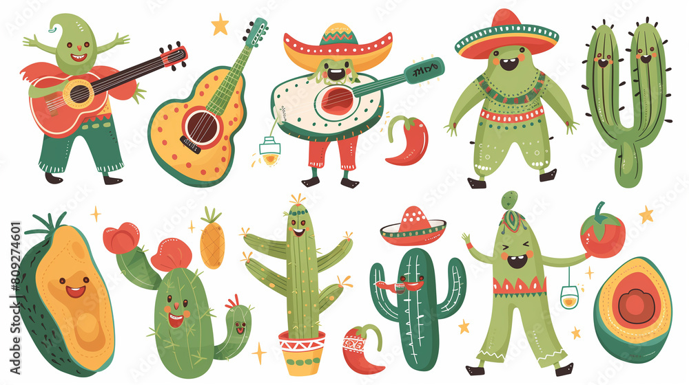 Fototapeta premium Cartoon Cactus Characters Playing Guitars