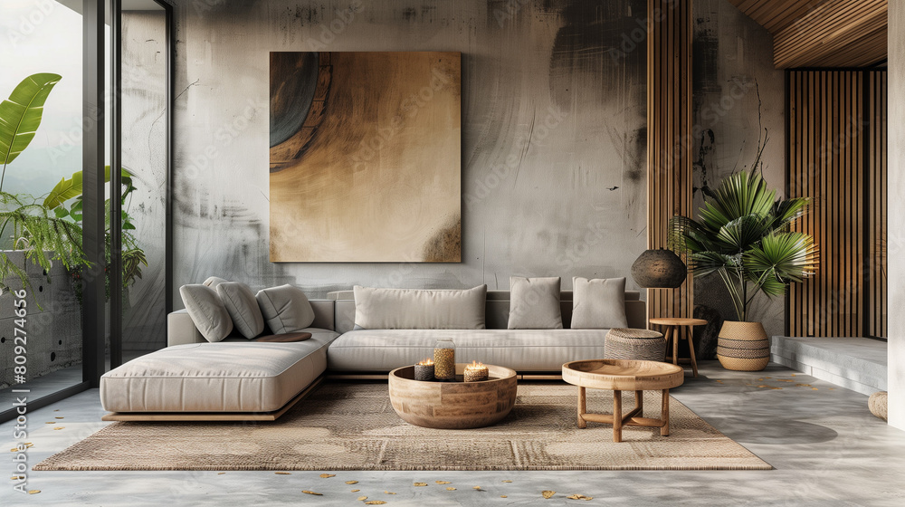 Chic Modern Living Area with Earthy Tones, Wooden Elements, and Lush Indoor Plants Chic Modern Living Area with Earthy Tones, Wooden Elements, and Lush Indoor Plants
