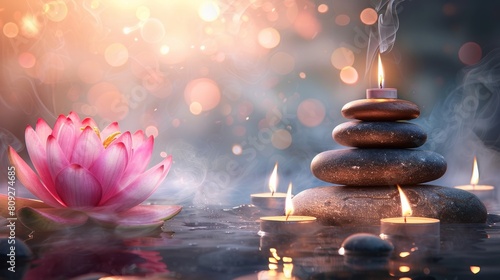 Lotus flower and massage stones with candles creating a tranquil spa scene. Serene setting with flower and warm candlelight. Concept of relaxation  meditation  and spa therapy. Banner. Copy space