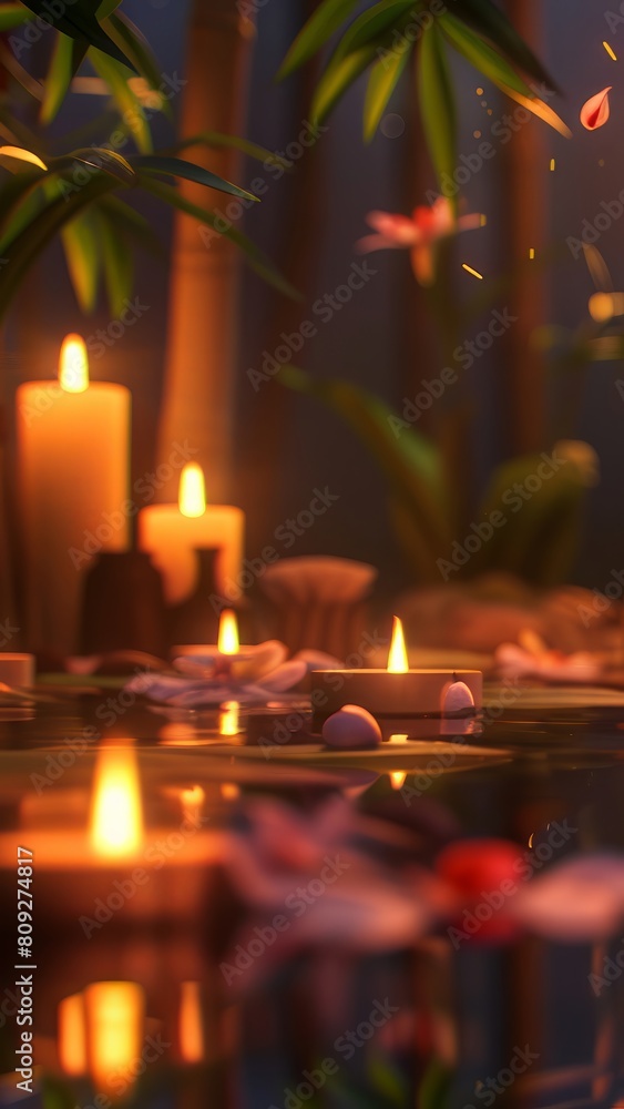 Candlelit spa ambiance with bamboo and floating petals. Warm and inviting relaxation space. Concept of serene spa environment, tranquility, and self-care. Vertical Candlelit spa ambiance with bamboo and floating petals. Warm and inviting relaxation space. Concept of serene spa environment, tranquility, and self-care. Vertical