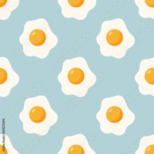 Vector Seamless Pattern with Fried Egg, Sunny-Side-Up on Blue Background. Healthy Breakfast, Protein Food Print