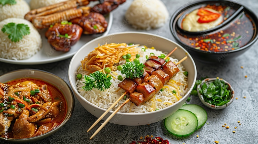 Hainanese chicken rice. Laksa singapore noodles. Grilled pork satay. Bak Kut Teh. Generative Ai