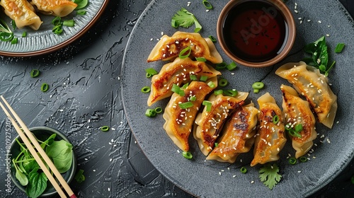 Gyoza Japanese korean dumplings on gray plate on the table. Generative Ai photo
