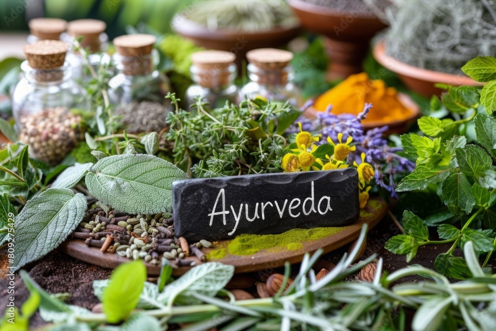 custom made wallpaper toronto digitalVibrant display of Ayurvedic herbs and spices arranged around a 'Ayurveda' chalkboard sign. Holistic healing and natural wellness concept with a variety of medicinal plants. Generative AI