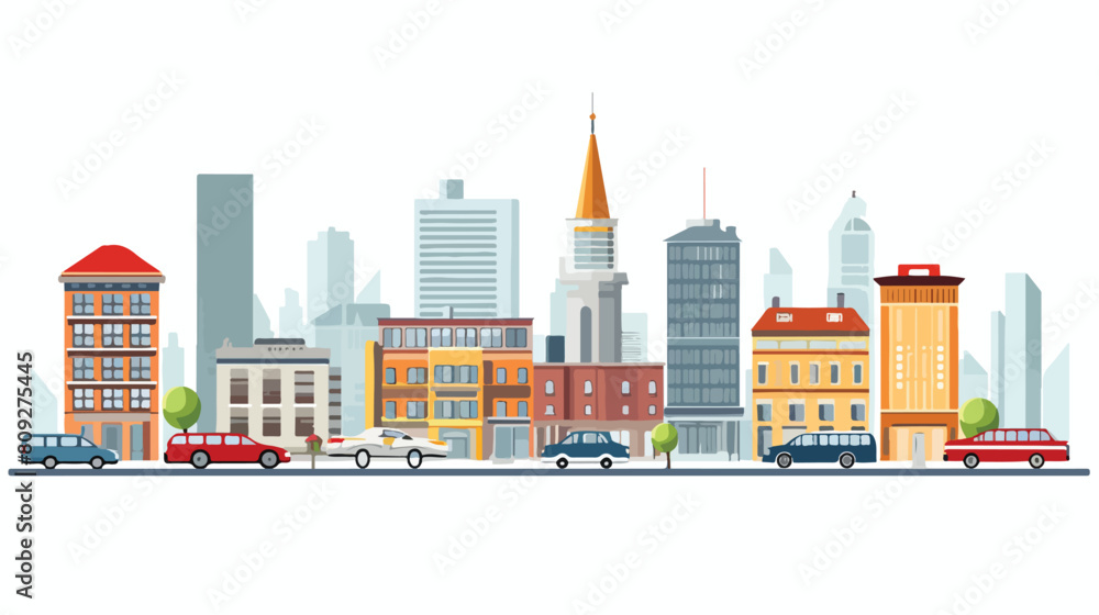 Set of buildings and cars urban cityscape elements
