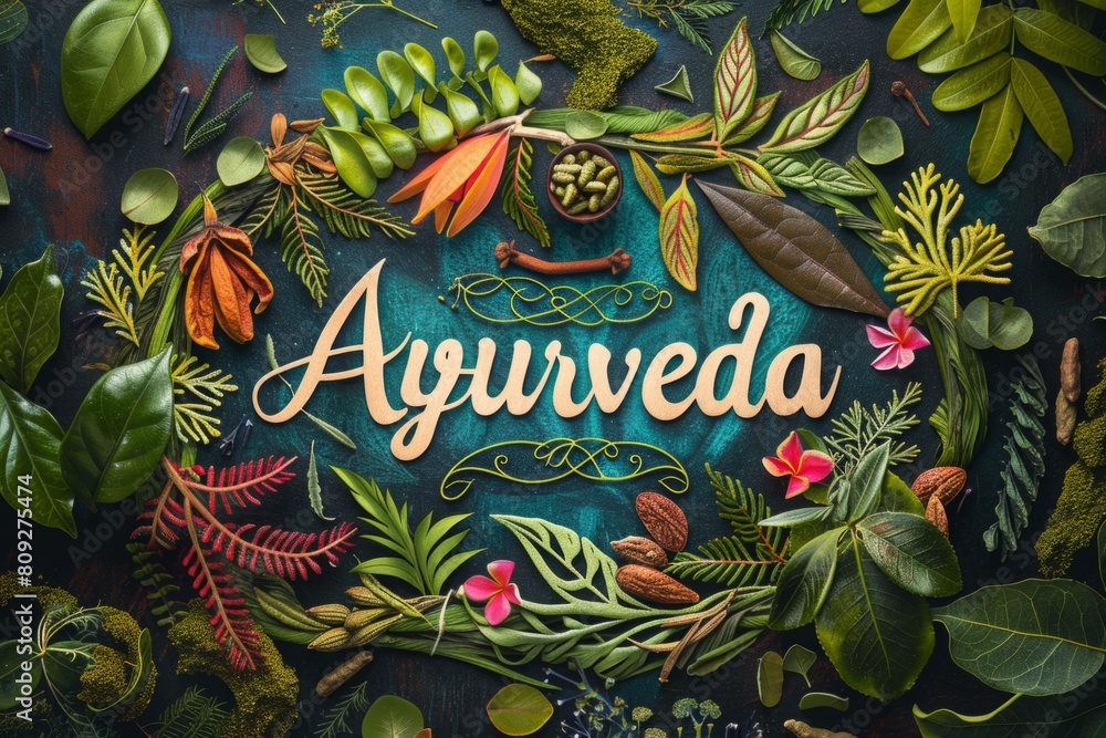 Vibrant Ayurveda display featuring a rich assortment of herbs, spices, and floral elements with decorative wooden typography. Generative AI