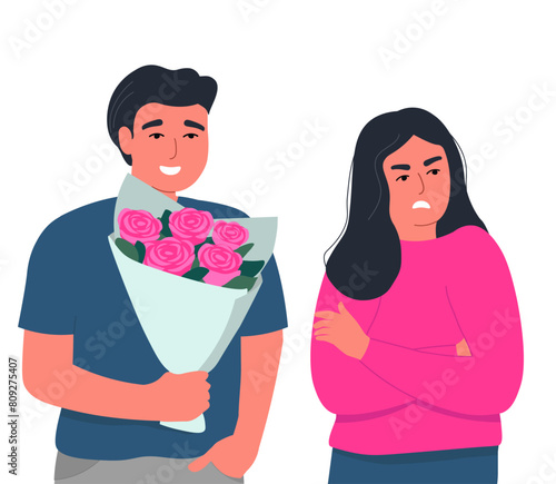 A couple of lovers are quarreling. A man gives a bouquet to an offended girl. Vector graphics.