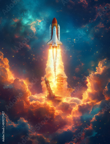 Space shuttle takes off into the night sky on mission. Elements of this image furnished