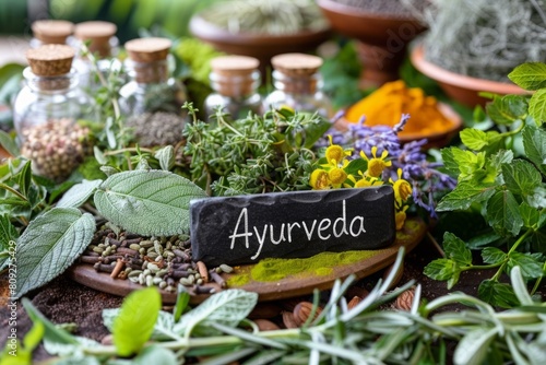 Wallpaper Mural Vibrant display of Ayurvedic herbs and spices arranged around a 'Ayurveda' chalkboard sign. Holistic healing and natural wellness concept with a variety of medicinal plants. Generative AI Torontodigital.ca