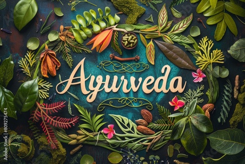 Vibrant Ayurveda display featuring a rich assortment of herbs  spices  and floral elements with decorative wooden typography. Generative AI