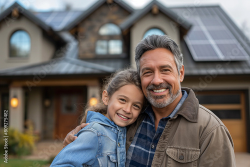 Happy Family in Front of House with Installed Solar Panels