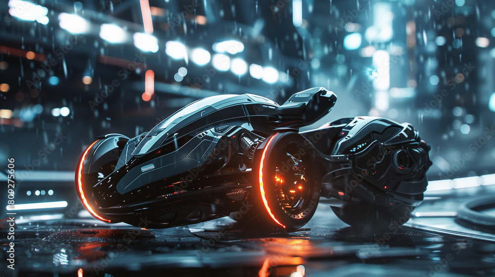 Futuristic High-Speed Motorcycle Concept in a Rain-Soaked Urban Nightscape Futuristic High-Speed Motorcycle Concept in a Rain-Soaked Urban Nightscape