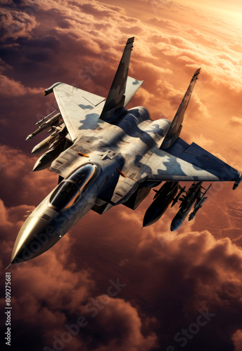 Military fighter jet on military mission with weapons. The concept of military equipment air forces photo