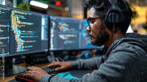 A young programmer is working on a code in a dimly lit room. He is wearing headphones and there are two computer monitors in front of him.