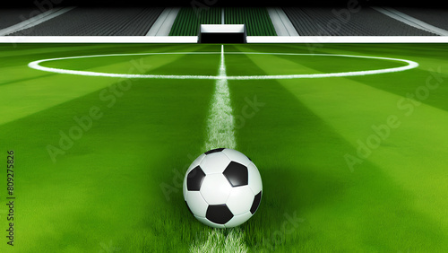 Soccer ball on an empty green soccer field close up