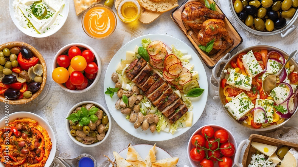 set of various plates of food background . Generative Ai set of various plates of food background . Generative Ai