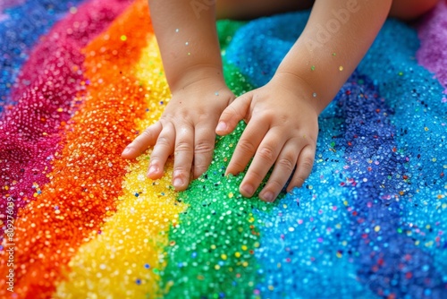 Child's hands engaging with a vibrant rainbow of water beads during sensory play. Generative AI photo
