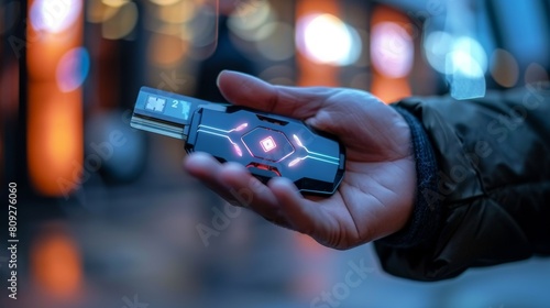 The image shows a hand holding a black and silver colored device with a red glowing symbol on it. The background is blurred. photo