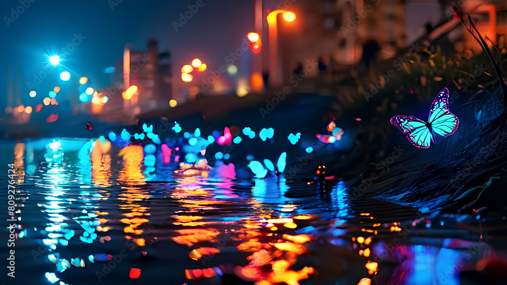 Colorful glowing butterflies in the sky in the night time on the bank of a river