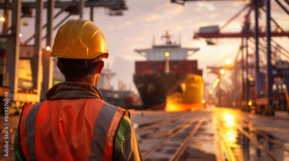 A shipyard worker looking at a docked container ship A shipyard worker looking at a docked container ship