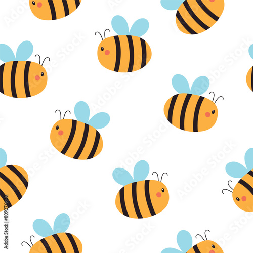 Cute seamless bee pattern. Cartoon vector illustration isolated on white background. It can be used for wallpapers, wrapping, cards, patterns for clothes and others. © Evalinda