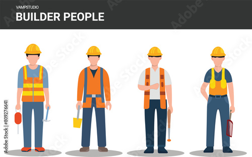 set of male Technician and builders construction workers in helmets. Vector flat illustration of diverse people working in building industry