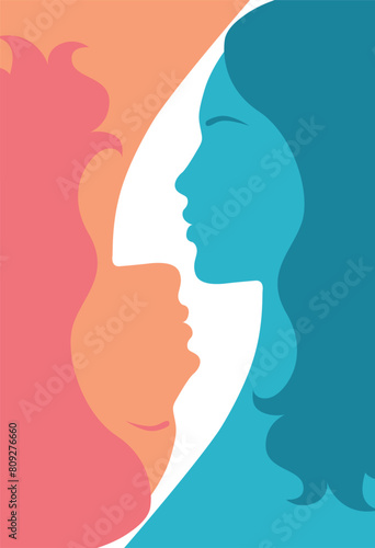 Faces of two beautiful women, profiles, outlines, opposite characters
