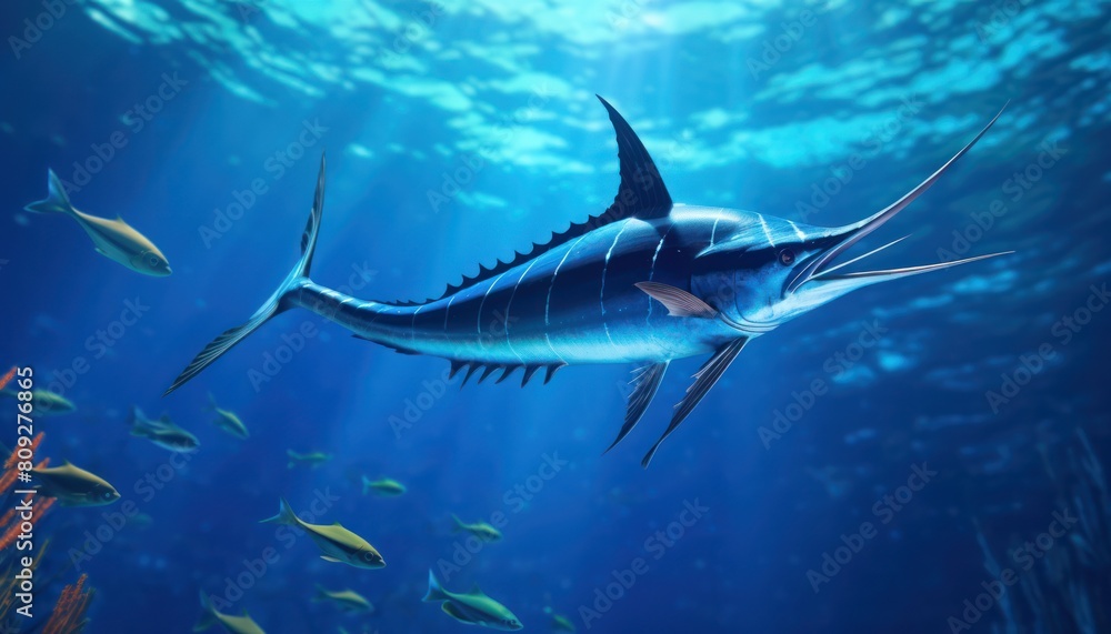 Naklejka premium Giant Marlin fish in the ocean, beautiful view of marlin fish in the blue ocean