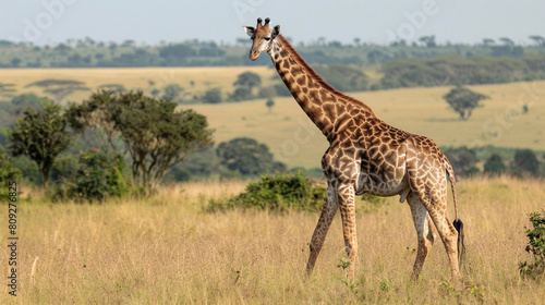 Majestic Giraffe Roaming in the Serene African Savannah Landscape