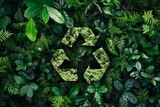 Recycling symbol integrated into a lush green foliage background. Environmental conservation and sustainability concept. Generative AI