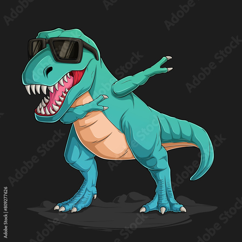 Hand drawn funny dinosaur T Rex doing dabbing dance wearing sunglasses, t rex dancing dab movement