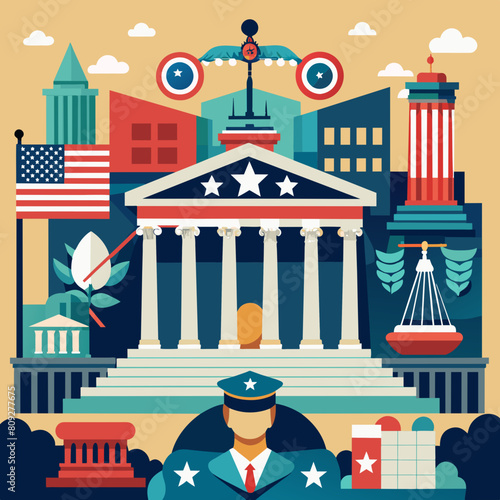 Court of the USA. Courtroom of United States. American flag in Courtroom. Supreme Court, Judiciary, Judge. American Justice, Judicial Authority. Appellate.