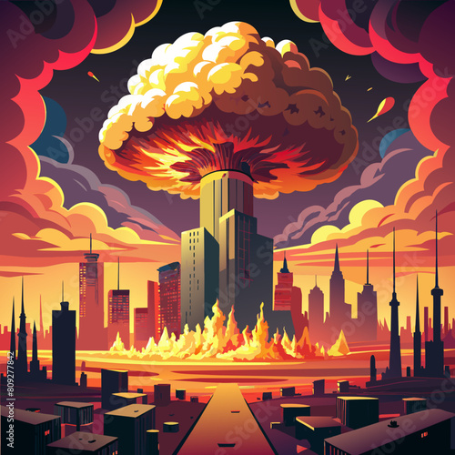 A nuclear explosion in the center of the metropolis. The beginning of apocalepsis. Realistic digital illustration. Fantastic Background. Concept Art. CG Artwork.