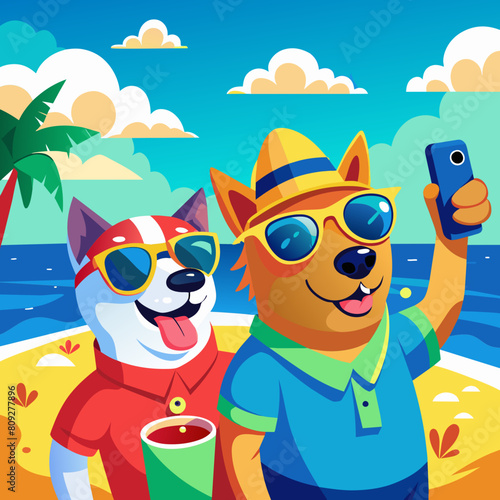 Two dogs are taking selfies on a beach earing sunglasses, sunny day with blue water.