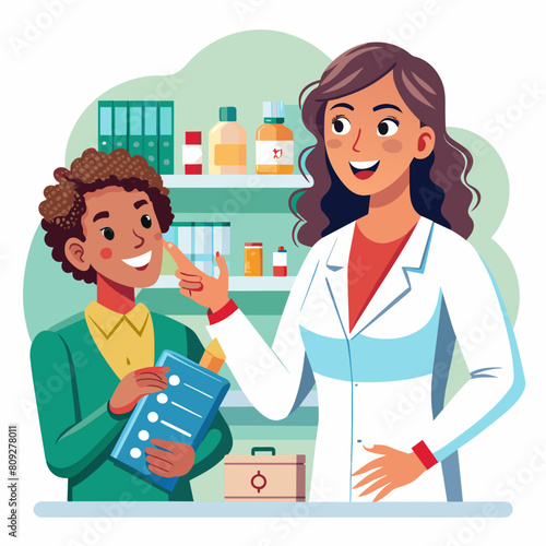 Confident female pharmacist with a warm smile and a reassuring demeanor explaining medication instructions to a patient