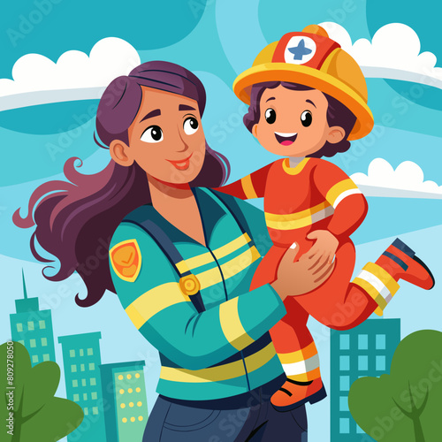 A female firefighter carrying a child to safety during a rescue mission, demonstrating authority, confidence, and responsibility in her role