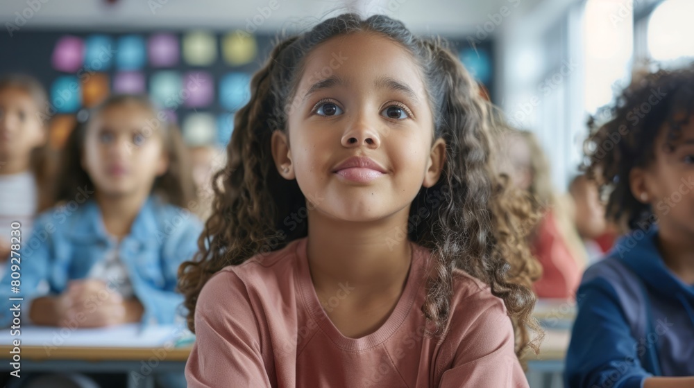 A group of diverse children sitting at individual desks inside a classroom, listening to their teacher and engaging in learning activities. A group of diverse children sitting at individual desks inside a classroom, listening to their teacher and engaging in learning activities.
