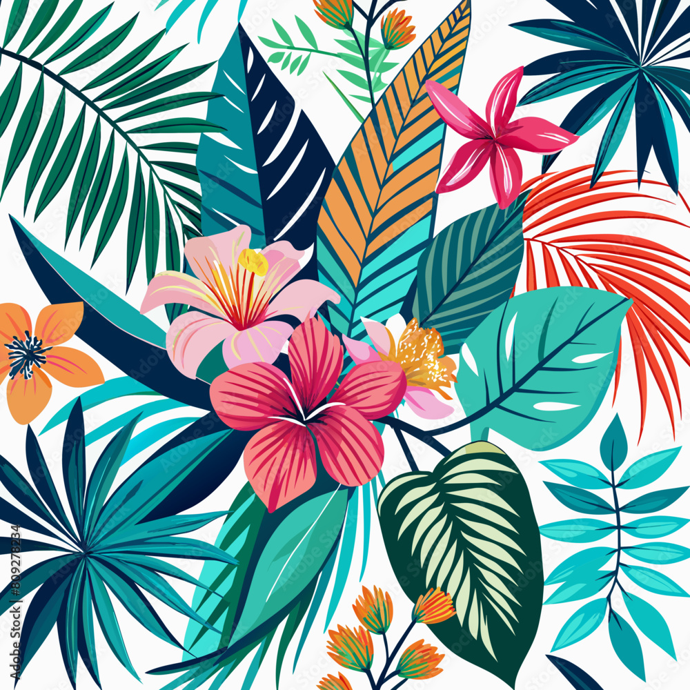 Drawing of palm leaves and flowers in a modern style, tropical print pattern on a white background, cod art botanical design, bright colors.