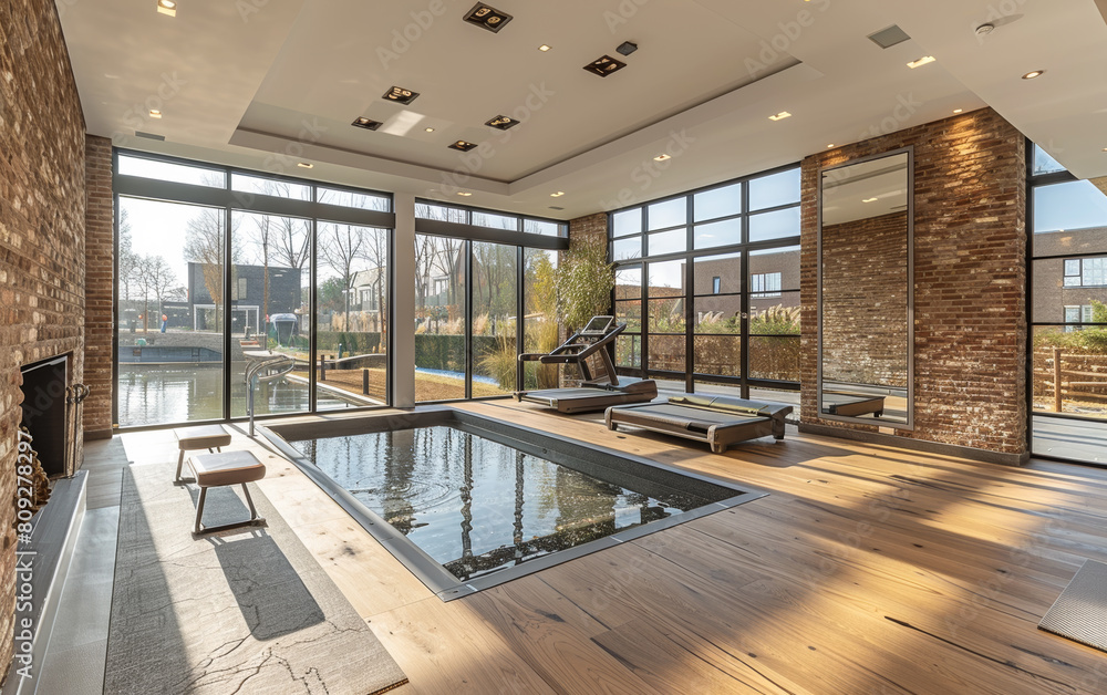 Fototapeta premium Pool and spa are among the amenities at the new home.