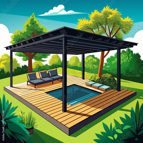 Modern black bio climatic pergola with top view on an outdoor patio. Teak wood flooring, a pool, and lounge chairs. green grass and trees in a garden.