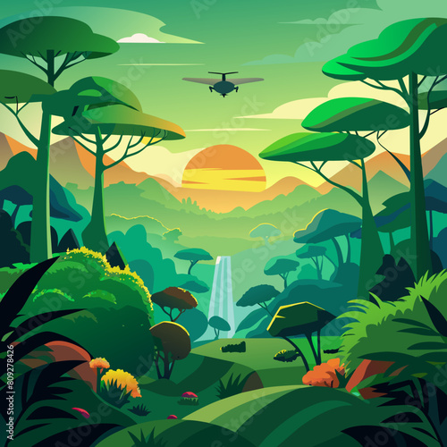 Beautiful green amazon forest landscape at sunset sunrise. Adventure explore air dron view vibe. Graphic Art