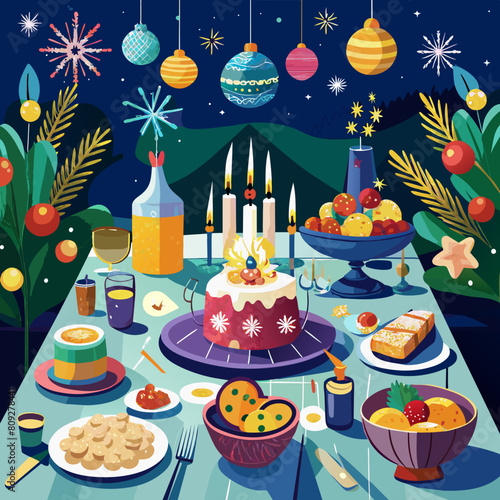 Photo of a beautiful dinner table prepared for New Year's Eve.