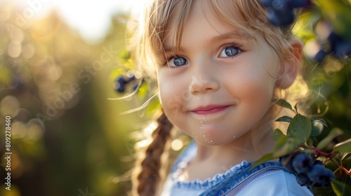 The little girls nose, face, hair, smile, eyes, and ears light up as she stands in front of a blueberry bush. Her happy expression is reflected in her shining eyes and curled eyelashes AIG50