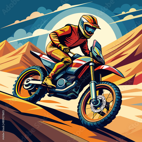 Extreme motocross on sand dunes dynamic concept art, motorcycle sport illustration