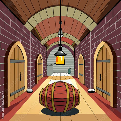 A tunnel with wine barrels in it and a light hanging from the ceiling above it and a brick floor and a brick wall with a light fixture on the ceiling above it and a brick.