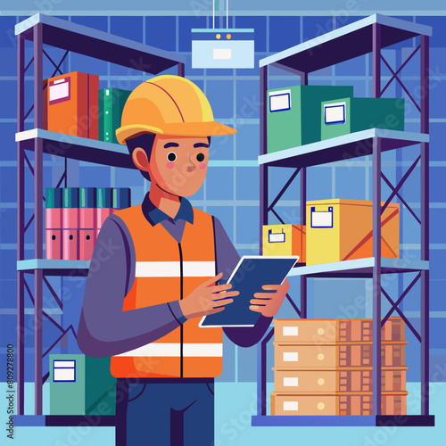 Top-Down View: Worker Wearing Hard Hat Checks Stock and Inventory Using Digital Tablet Computer in the Retail Warehouse full of Shelves with Goods. Working in Logistics, Distribution