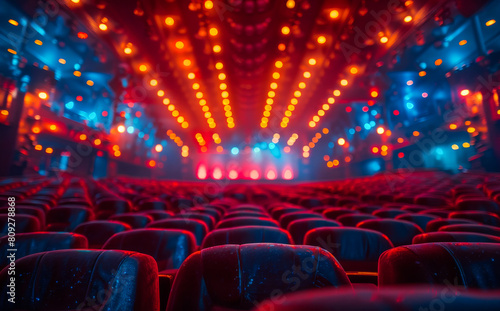 Red seats in the cinema with colourful light