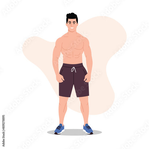 Vector illustration of a handsome athlete guy. Cartoon scene of smiling cute athletic boy with toned body, abs, biceps, curly hair, wearing shorts and sneakers. A strong, healthy man. A slim guy. © MVshop